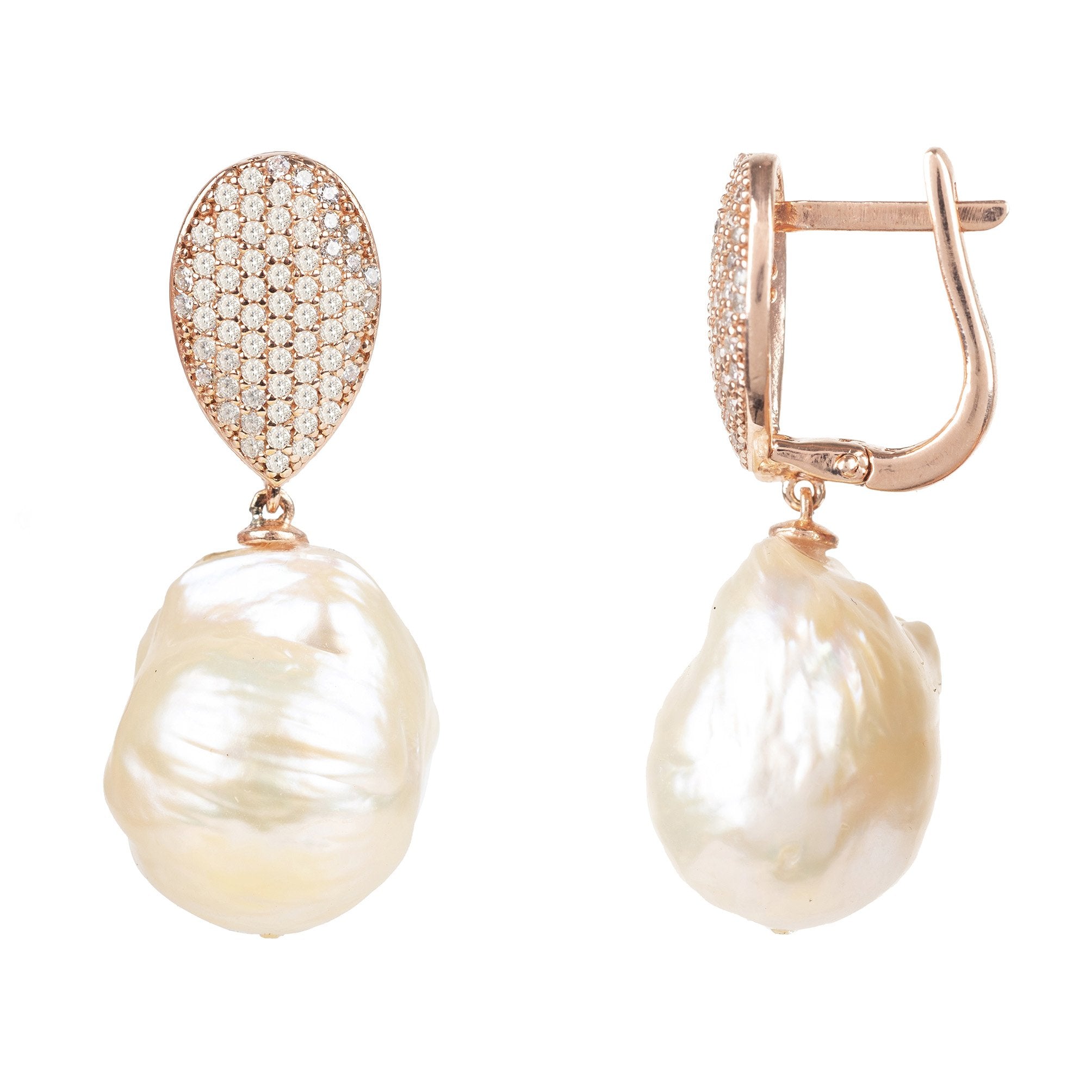 Classic Baroque Pearl CZ Drop Earrings Rosegold