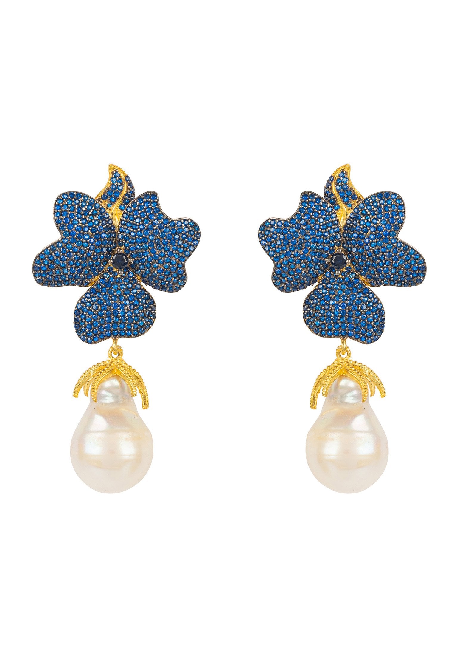 Baroque Pearl Sapphire Blue Flower Earring Gold