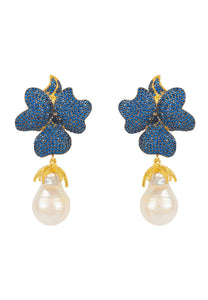 Baroque Pearl Sapphire Blue Flower Earring Gold