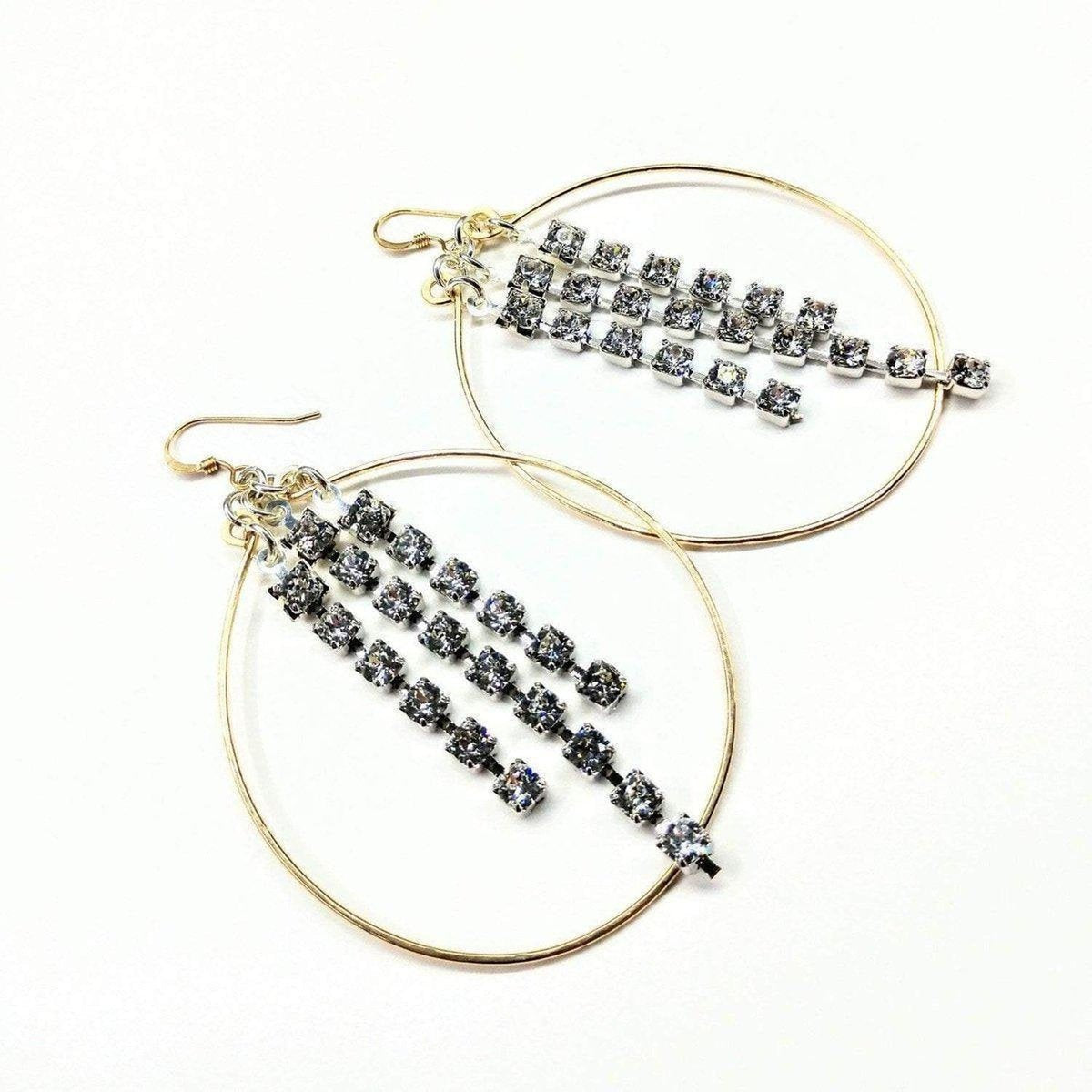 Gold Oval Hoop Crystal Chain Earrings