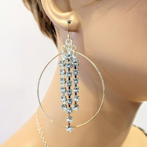 Gold Oval Hoop Crystal Chain Earrings