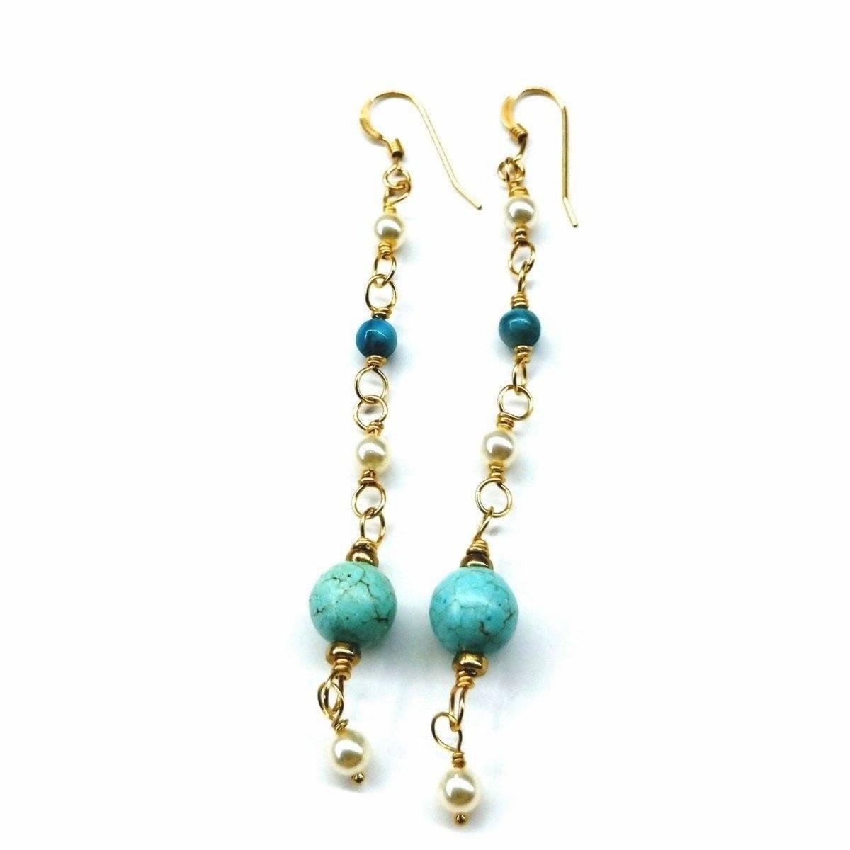 Long 14 K Gold Filled Turquoise Pearl Earrings