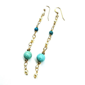 Long 14 K Gold Filled Turquoise Pearl Earrings