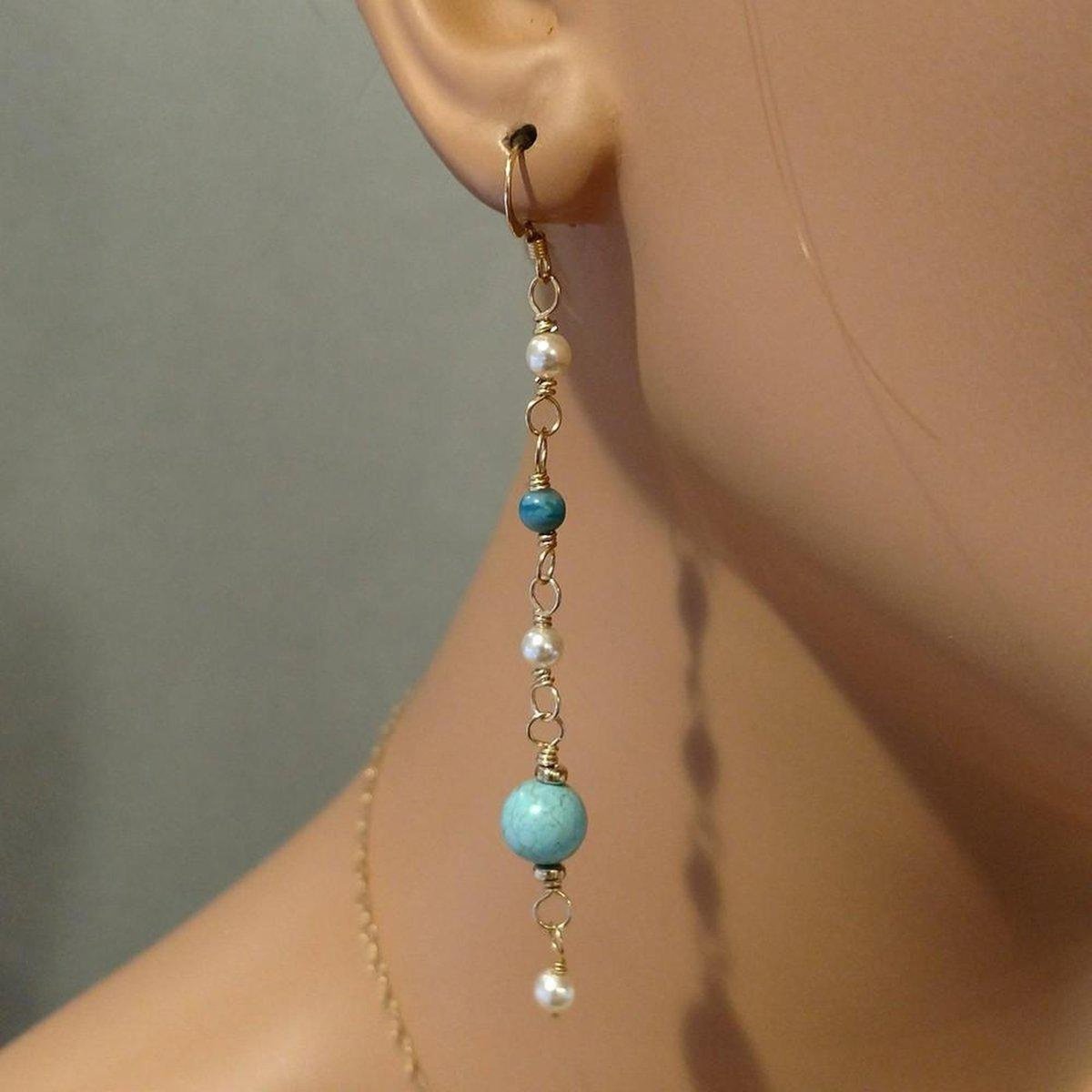 Long 14 K Gold Filled Turquoise Pearl Earrings