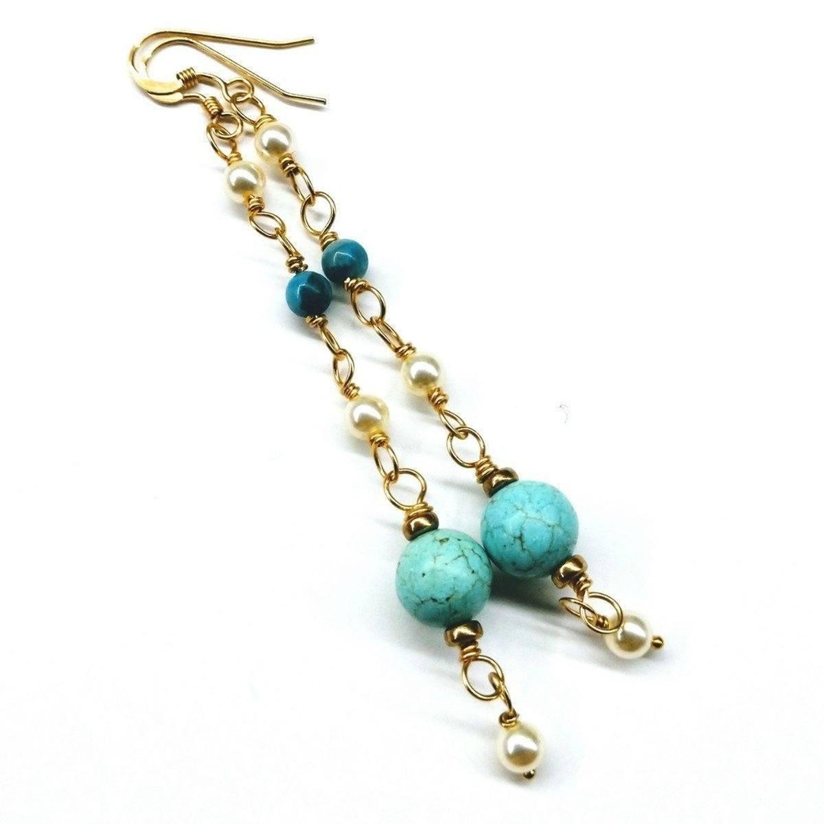 Long 14 K Gold Filled Turquoise Pearl Earrings