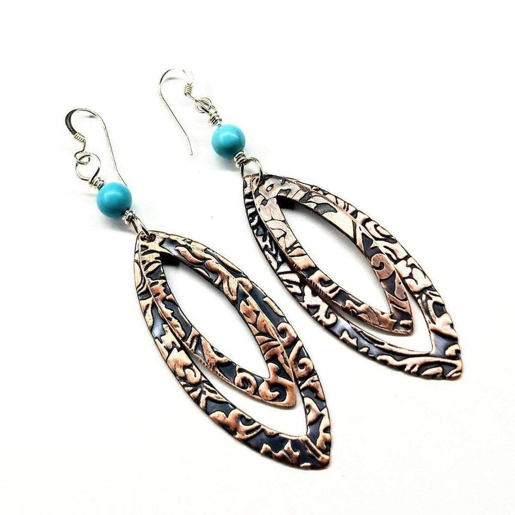 Long Pointed Oval Copper And Turquoise Earrings