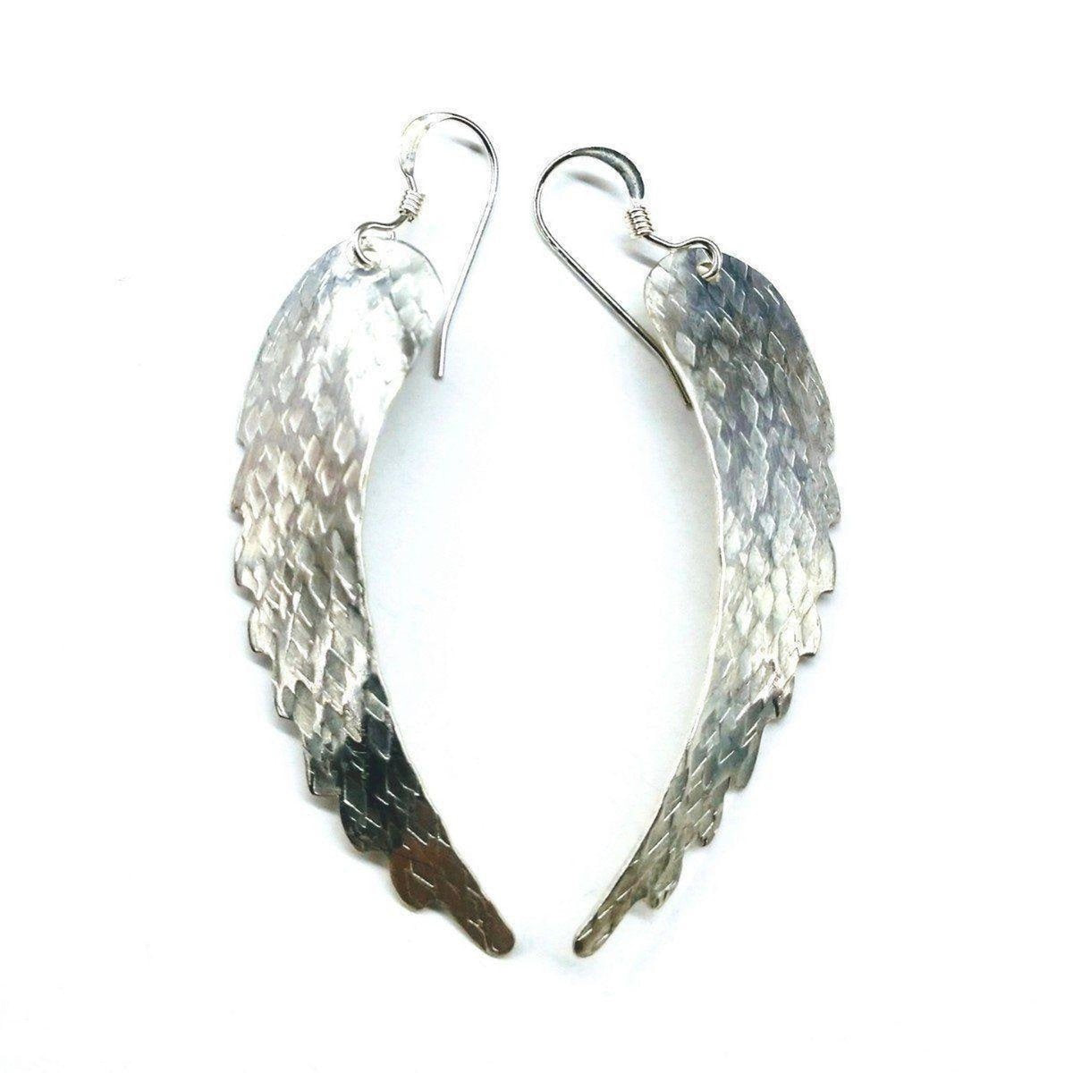 Sterling Silver Hammer Pattern Sculpted Angel Wing Earrings