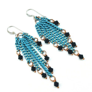 Turquoise Tassel Chain Black Crystal Earrings