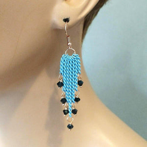 Turquoise Tassel Chain Black Crystal Earrings