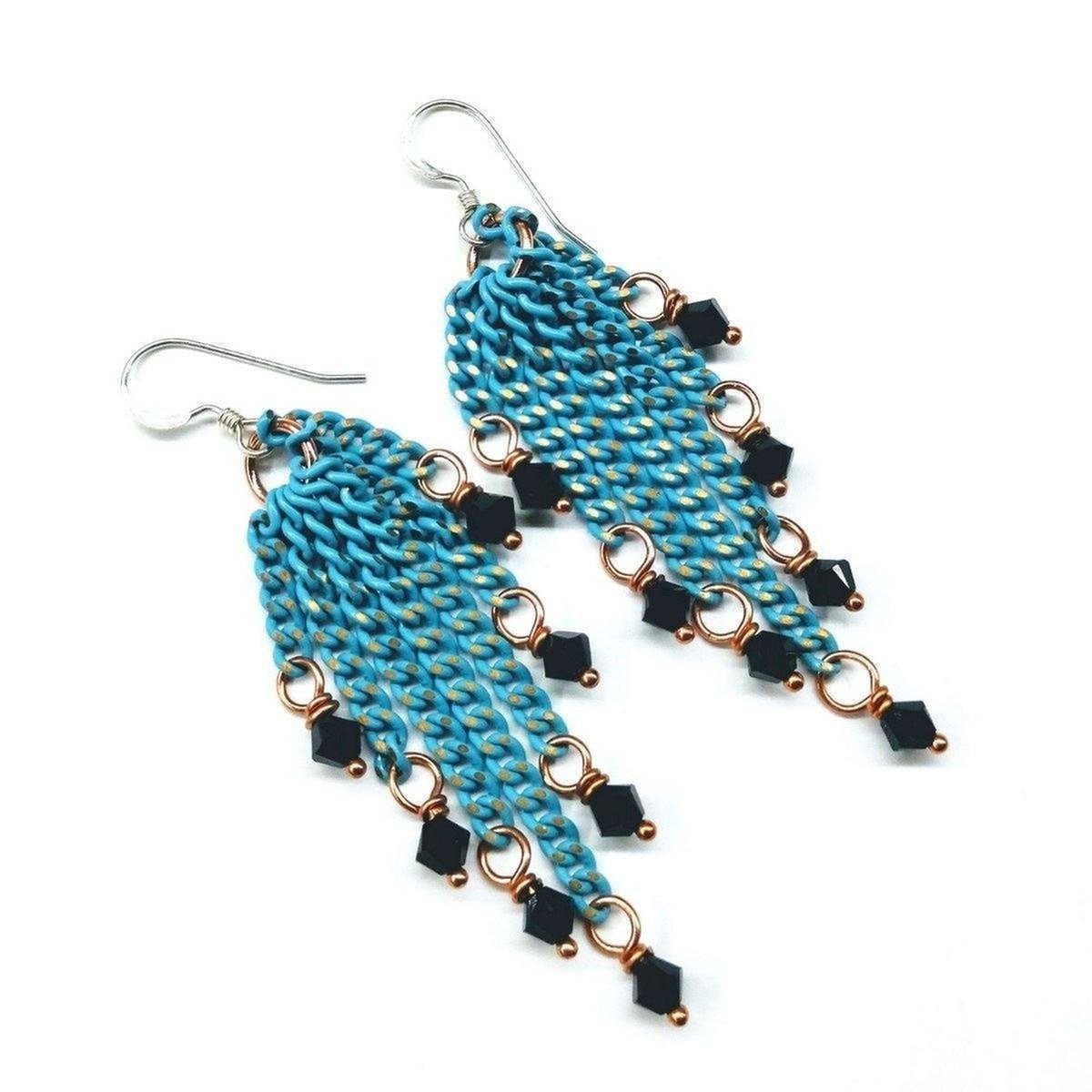 Turquoise Tassel Chain Black Crystal Earrings